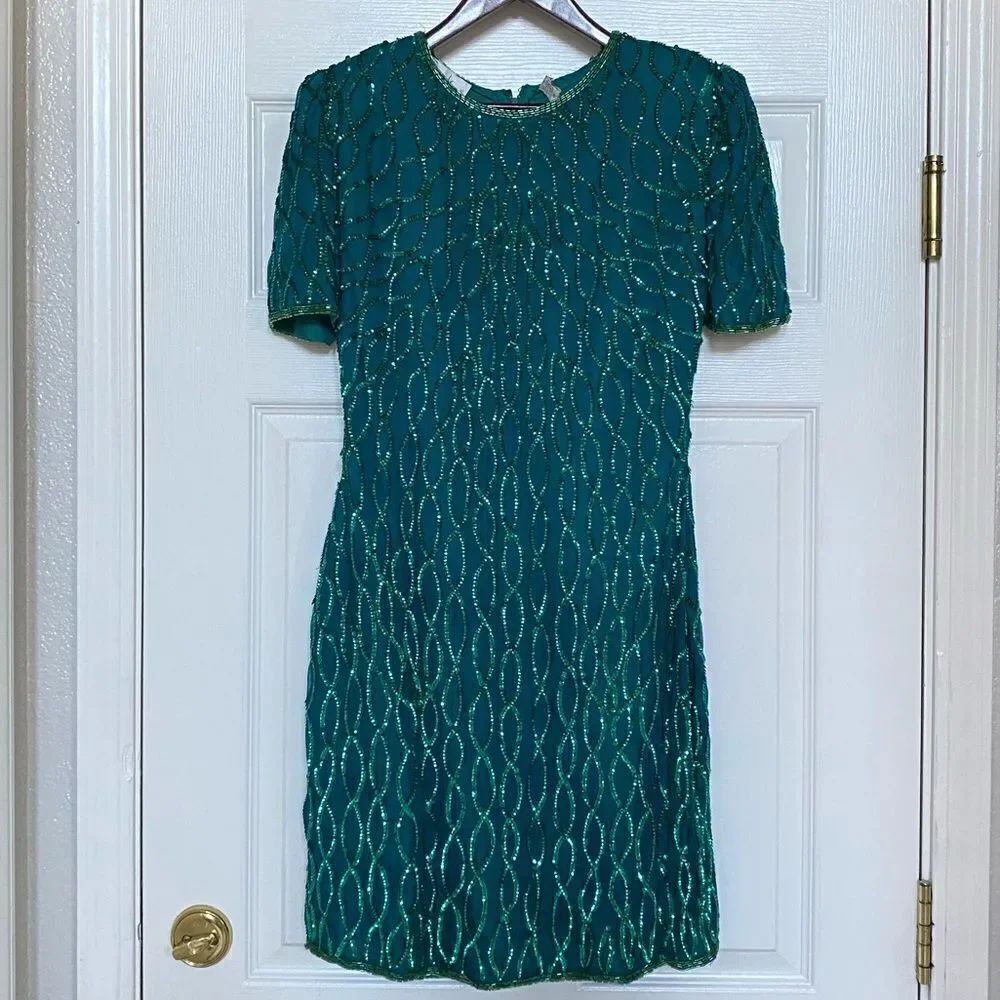 NWT Vintage Lawrence Kazar Teal Green Art Deco Sequin Silk Dress, Size PM